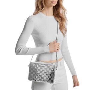 MICHAEL KORS Jet Set Large East West Crossbody &Card Holder Gift Box Silver